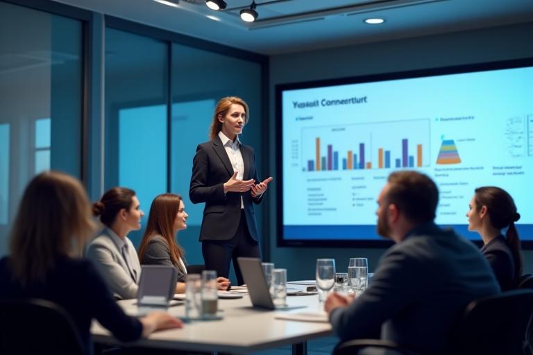 Business professional delivering a presentation in a modern boardroom to a small, attentive audience.