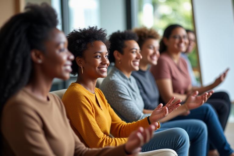 Group of diverse individuals actively participating in a public speaking workshop, smiling and interacting.