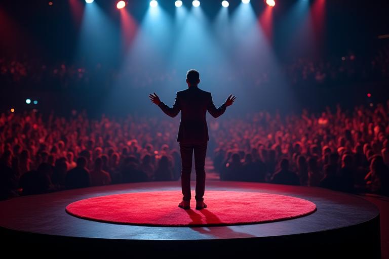 Person speaking passionately on a stage with a large audience in the background, resembling a TED Talk event.