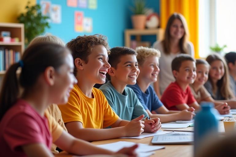 Diverse group of young students engaged and laughing during a public speaking activity in a classroom setting.